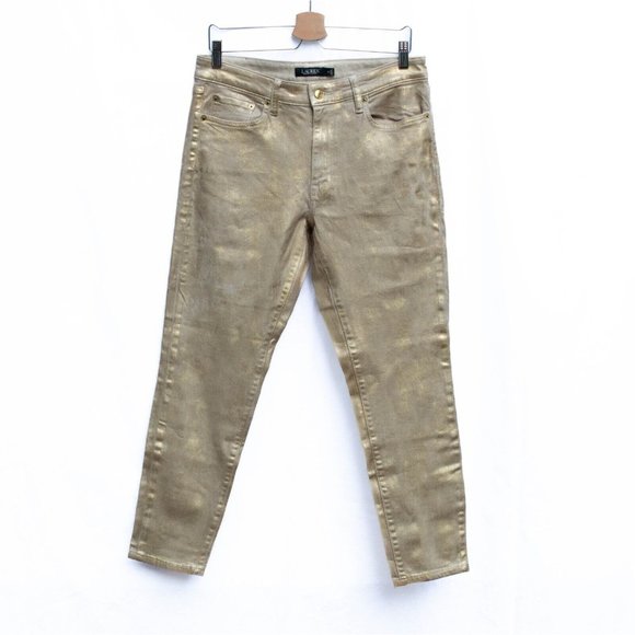 Lauren Ralph Lauren Denim - NWT Ralph Lauren Womens Metallic Gold Sz 12 Mid Rise Skinny Ankle Stretch Jeans